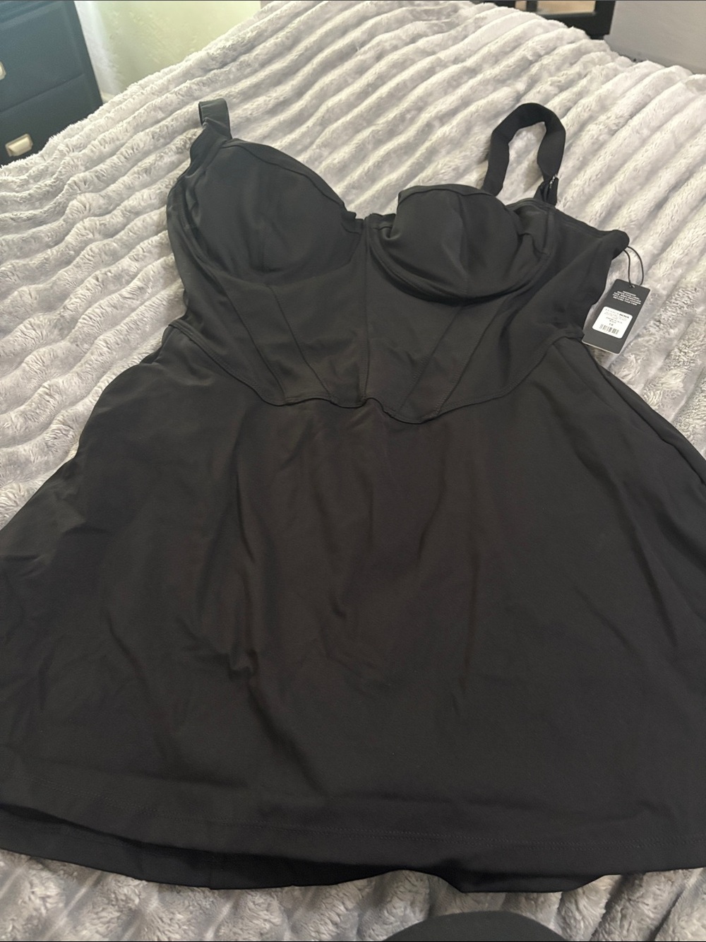 Black Bustier Swimdress — Structured Cups and A-Line Skirt